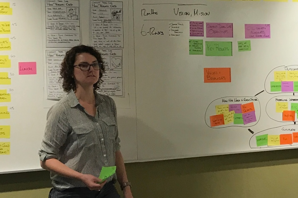 Angela Stengel at a whiteboard